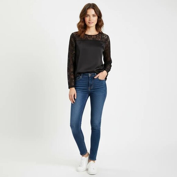 Eva Mendes Tops - Eva Mendes New York & Co. Women’s Black Lace Long Sleeve Top Blouse Size Small